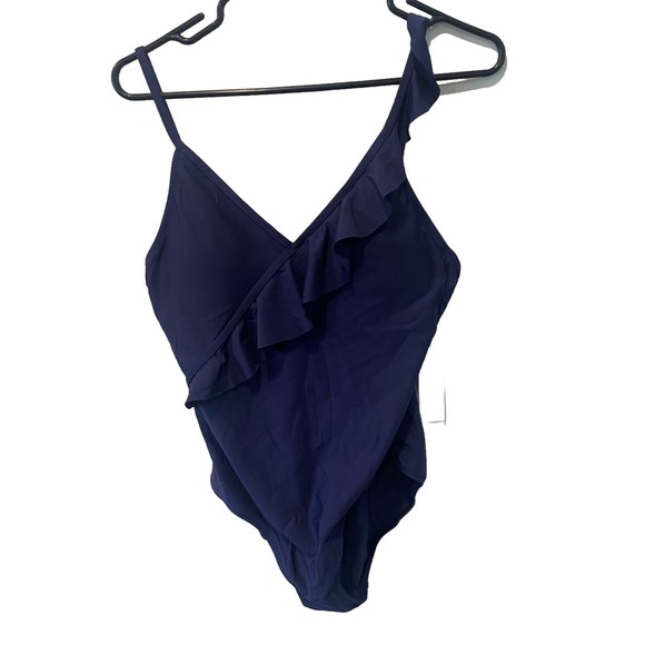 NWT Draper James x Helen Jon Women’s Size L Blue Ruffle Front One Piece Swimsuit - Picture 3 of 8